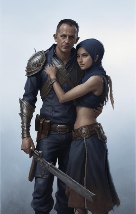 portrait of canetaazul as male epic armored war commander hugging female kids with hijab. highly detailed, digital painting, concept art, smooth, sharp focus, illustration, art by greg rutkowski