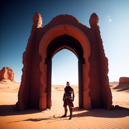 photo, a man standing in front of a portal in the desert (BaroqueWarrior style:1) (ToweringPortal style:1) <lora:djzToweringPortalV21:1>