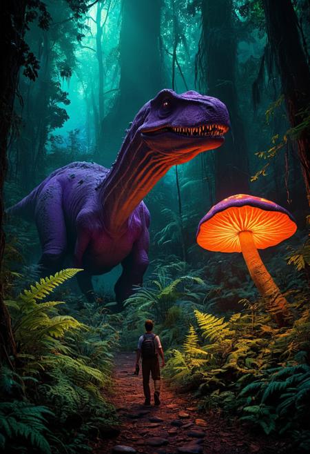 A lone time traveler, walking through a dense, mystical forest , ancient forest, big plants, mushrooms, fern, Podophyllum, Colocasia, big leaf, rocks, wildflower, a large Diplodocus eating leafs, crash landing, ancient, with towering ancient trees, glowing plants, glowing lights, neon, neon light, and a distant light guiding the way, scary, horror, cinematic, epic, poster, digital painting, green, orange, purple, blue, dark colors, intricate details, adventure, science fiction, Asaf hanuka, uplight, 35mm