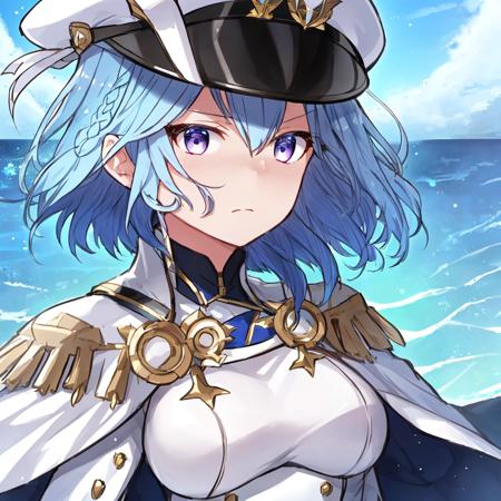 <lora:NCLandyLora:0.85>, NCLandy, blue hair, short hair, braid, brown pantyhose, white sleeves, white cape, white military uniform, purple eyes, white peaked cap, white gloves, face close up, determined expression, detailed eyes, ocean scenery