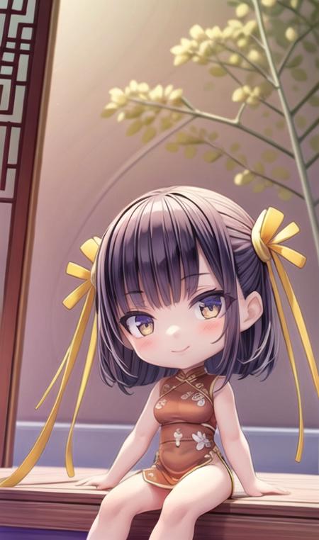 ((masterpiece)),(((best quality))), ((ultra-detailed)), ((illustration)), masterpiece, best quality, highres, {beautiful detailed eyes}, finely detail,  beautiful detailed eyes, ((chinese style architecture)), backlighting, Smile
1girl, (solo:1.5), (hair ribbon:0.4), ((china dress)),   holding_big fan, sit on the bed
<lora:add_detail:1> <lora:blindbox_v1_mix:1> full body, chibi,