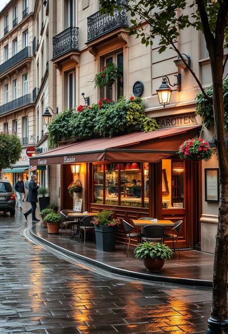 A beautifully lit and composed professional photograph of a Parisian brasserie on a busy street along the river seine, the restaurant is an oasis from the busy street, tucked in and cozy, wet cobblestones, high resolution, early morning rain, weathered limestone and wood, fine details of plants and trees, ultra realistic modern day scene,