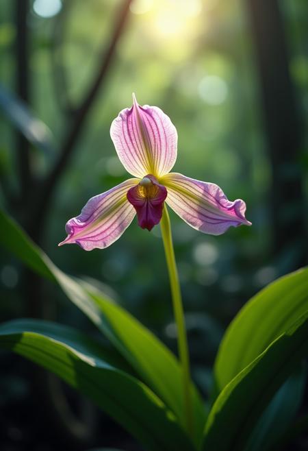 Ultra realistic photograph of a translucent prismatic orchid growing in a dense rainforest, green stem, yonic, dappled sunlight