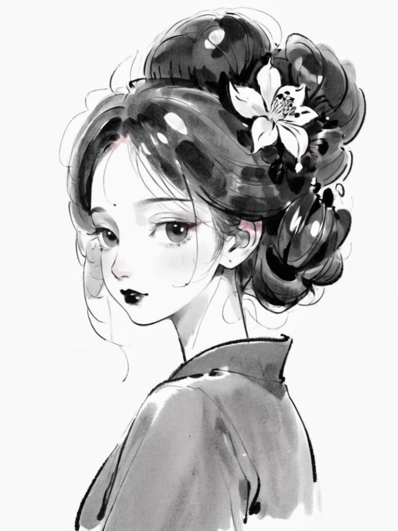 A drawing of a woman with black hair and a flower in her hair.