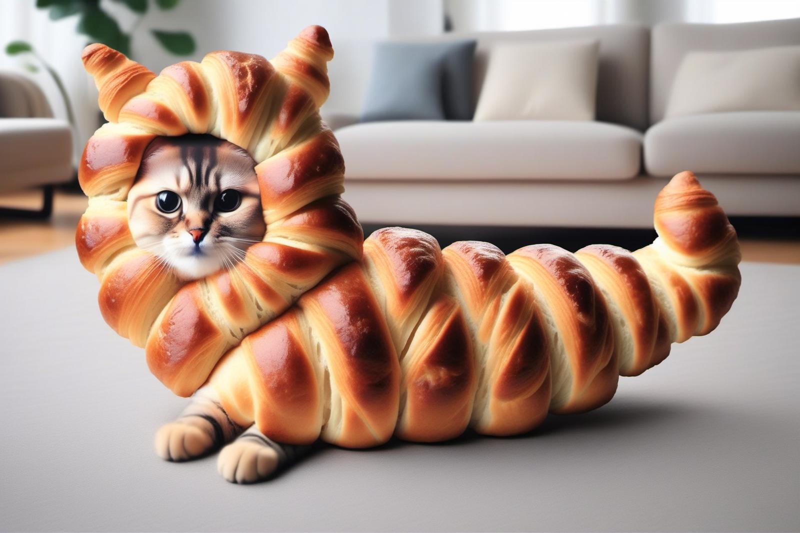 A cute cat-shaped croissant on a table.