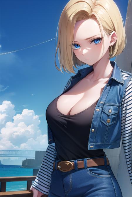 android18, <lyco:android18-lyco-nochekaiser:1>,
android 18, blonde hair, blue eyes, eyelashes, hoop earrings, short hair, earrings,
BREAK belt, black legwear, black shirt, breast pocket, cleavage, collarbone, denim, denim skirt, high-waist skirt, jewelry, long sleeves, pocket, shirt, shirt tucked in, skirt, striped, striped sleeves, waistcoat,,
BREAK outdoors, city, sky, cloud, sun,
BREAK looking at viewer, (cowboy shot:1.5),
BREAK <lyco:GoodHands-beta2:1>, (masterpiece:1.2), best quality, high resolution, unity 8k wallpaper, (illustration:0.8), (beautiful detailed eyes:1.6), extremely detailed face, perfect lighting, extremely detailed CG, (perfect hands, perfect anatomy),