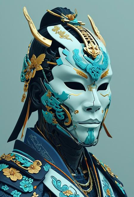(S1n0z1ck Style) A digitally rendered illustration features a samurai adorned with a futuristic, cybernetic mask, expertly portrayed using a minimalistic flat color palette.