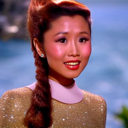 tchnclr style, a closeup portrait of Brenda Song, happy beaming content, glitter, glittery