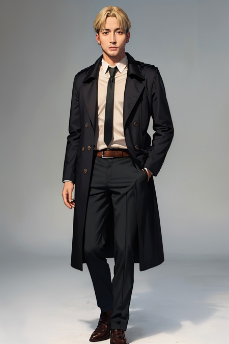 kishibe stitches formal black coat collared shirt necktie black pants belt