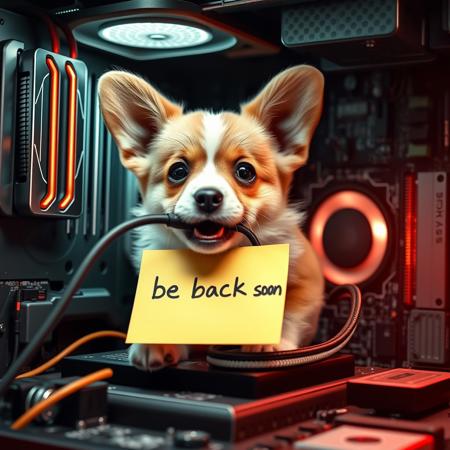 semirealistic, a cute corgi puppy with an unplugged computer cord in its mouth, inside a computer motherboard. THE message "be back soon" written on a yellow sticky note, detailed mirroring horizon, wining award digital art, hight detailed,Insane resolution. Insane details. Masterpiece. 32k resolution. casting shadow style, cucoloris patterned illumination, cinematic composition and lighting. Masterpiece. Very detailed.