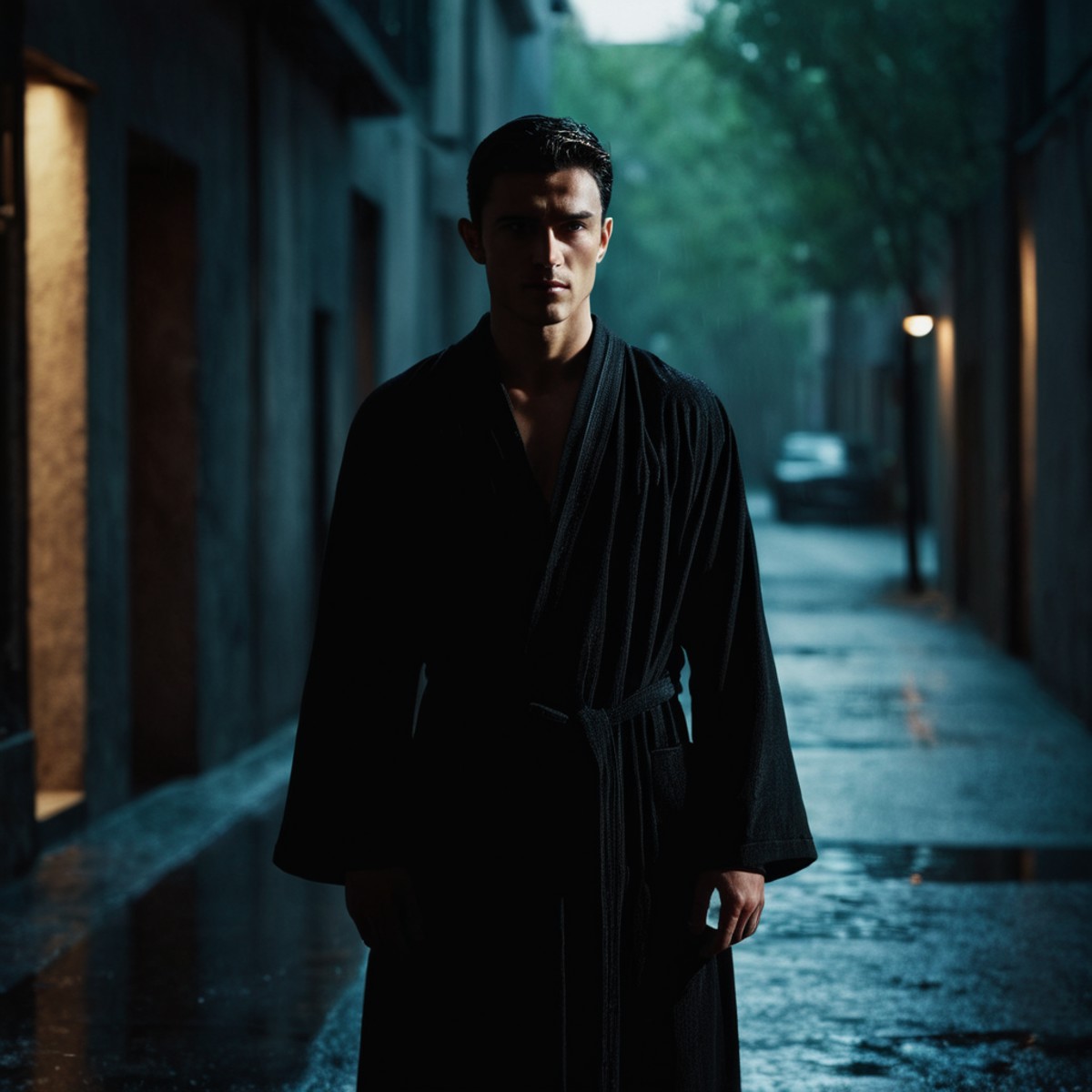 cinematic film still of  <lora:Split Lighting style v2:1>
Split Lighting Photography of a man in a black robe standing in ...