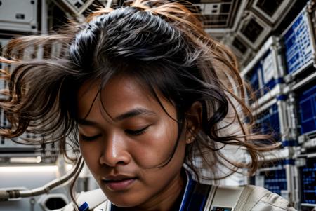 1Cambodian man inside a (space station:1.1) with her (hair blowing:0.8), (flowing messy hair:1.1), zero gravity, depth of field, hyper realistic, high quality, detailed, (weightless:1.1), detailed hair, lcd control screen, sci fi, black hair, perfect eyes
<lora:KH_woman_face:0.8>, wom4nKH, woman
