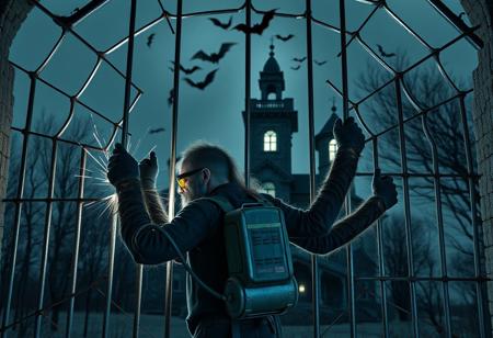 Twilight. A magical spider-like creature with a human bearded head and eight hairy human arms is holding onto the metal bars of a large gate in the shape of a spider web. The creature welds the bars of the gate with a portable gas arc welding machine. The gas cylinder of the welding machine is fixed on the back of the creature. He wears welder's safety glasses. A mansion in the form of a typical haunted house is visible outside the gate. The dark windows of the mansion. Only the window in the tower of the mansion glows with an alarming light. Ghostly silhouettes of bats flicker in the sky above the mansion.