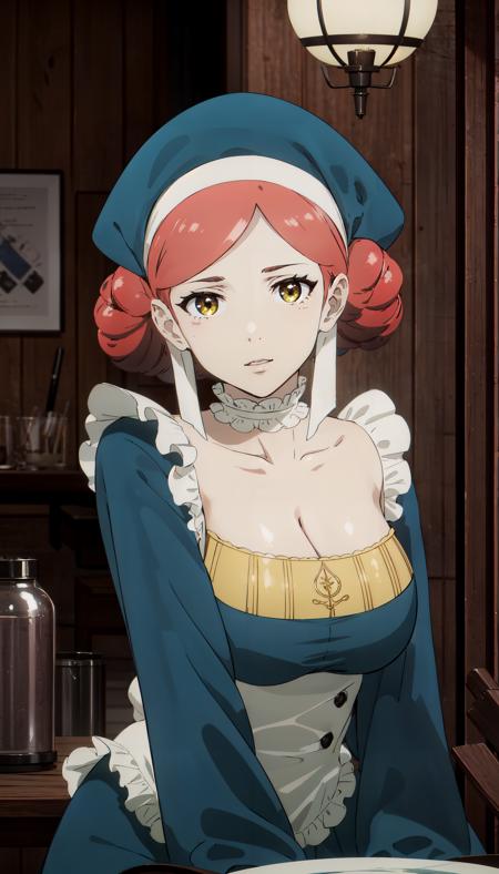 red hair hair buns yellow eyes blue dress long dress blue sleeves frilled choker blue hat