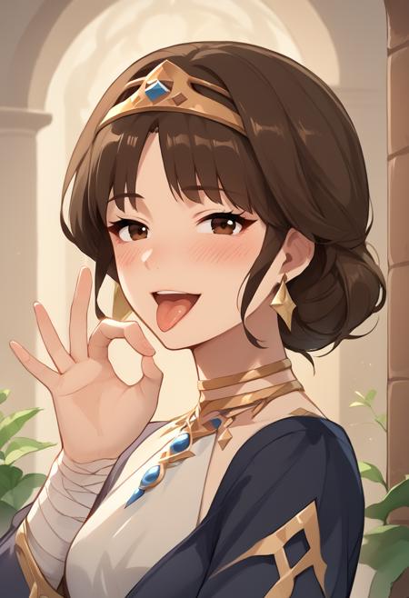 dunyarzad brown hair, brown eyes, tiara, jewelry, earrings bandages, bandaged hands, dress, halterneck, long sleeves aged down long hair, brown hair, green eyes, tiara, jewelry dress, puffy sleeves, long sleeves, jacket