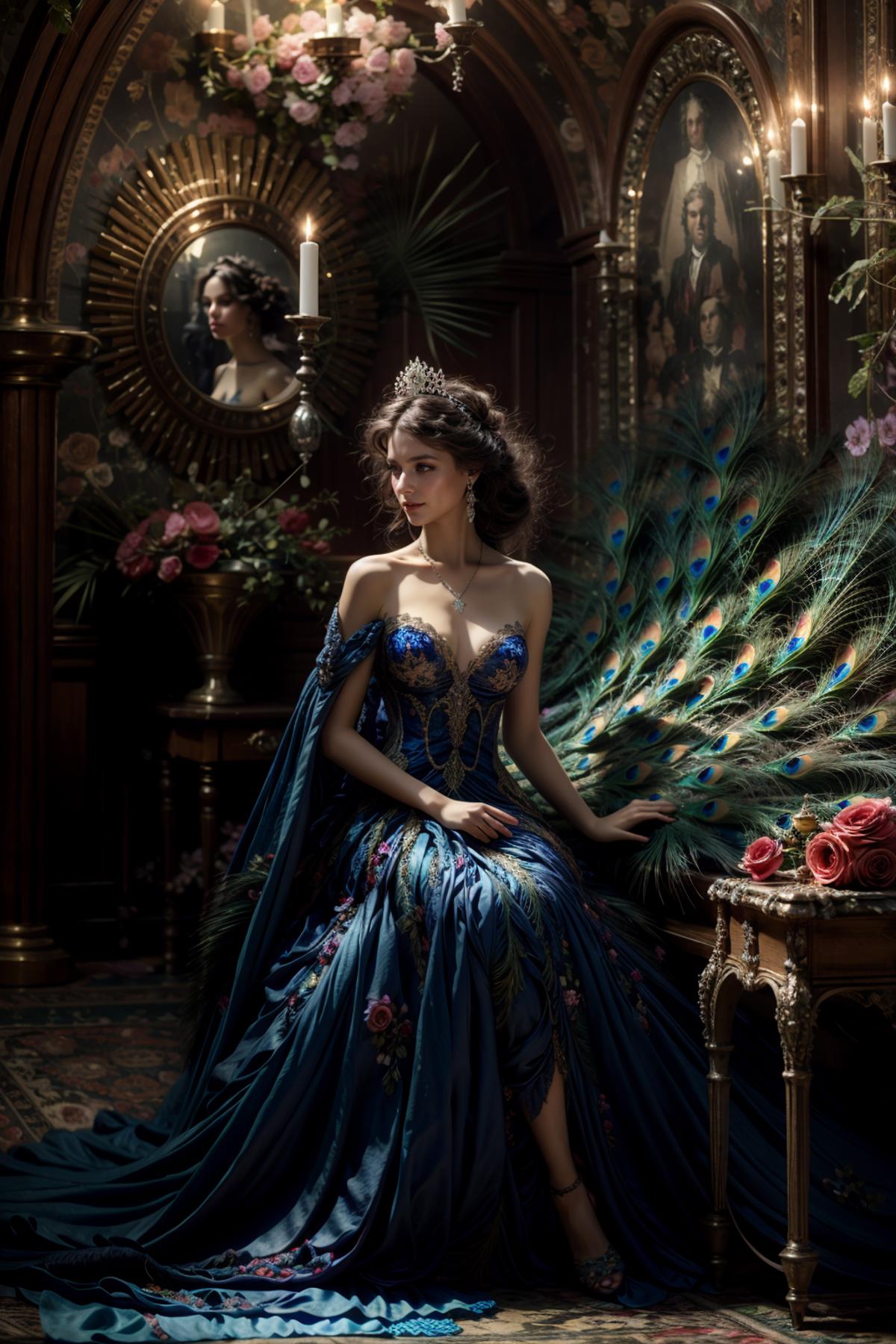 A young woman in a blue dress and peacock feather fan, sitting in front of a mirror.