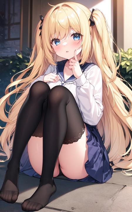 1girl,long blonde hair,one side up,blue eyes,(black thighhighs),sitting,knees up,no shoes