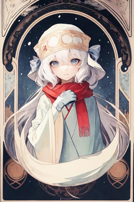 (art nouveau:1.25), **kawaii girl, ++solo+, ++best quality, ++illustration\\, ++splendid//, ++minor//, ++wind//, ++perfect composition//,++gallant/, ++remnants//, ++morbid-//, ++occult//, ++deadly--, ++gloves^, **night view^\, ++ephemeral girl//, enthusiast, bewitching, *kawaii girl//, *light leaks\\, ++wind//, ++ink splashing, ++upper body, *stand still, ++outline//, ++character focus//, ++absurdly long hair, ++white hair//, ++bow, \+fluffy//, ++detailed eyes//, hoodie, ++detailed sky, ++rabbit*, ++rabbit*, scarf, ++illustration\\, ++booth//, ++booth//, ++booth//, ++illustration\\, ++illustration\\, ++illustration\\, ++illustration\\, ++best quality, ++best quality, ++best quality, ++best quality*, ++japanese//, snow, twilight,<lora:MuchaV2:0.5> <lora:SilvermoonMix06:1>