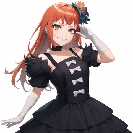 best quality, high quality, highly detailed, highres, masterpiece, panette fe, <lora:Panette_FE-10:0.7>, 1girl, solo, looking at viewer, smile, simple background, hair ornament, white background, dress, bow, teeth, choker, star (symbol), grin, orange eyes, blue dress, bandages, white bow, clenched teeth, bandaged arm, bandaged hand, HDR, spectral lighting, chromatic aberration, bokeh, street