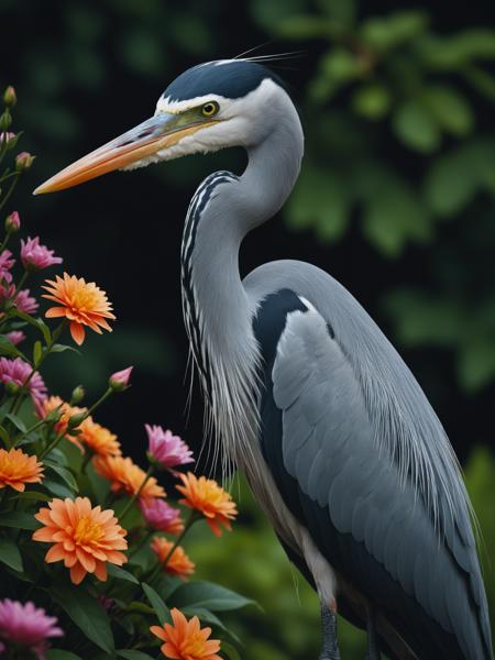 a close-up of a gorgeous grey heron in an image filled with deep darks in the style of an analog film grain, hdr, extremely detailed, 8k, 35mm photograph, background with flowers, amazing natural lighting, brilliant composition