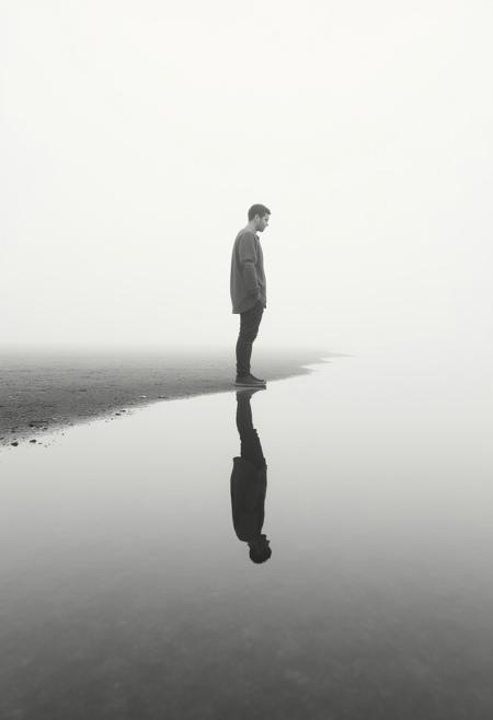 lone figure standing at the edge of a still water body, perfectly reflected below, the reflected figure is violently expressed in black ink, almost symmetrical visual, surrounded by a vast, empty space that evokes a sense of isolation and introspection, all muted monochrome tones