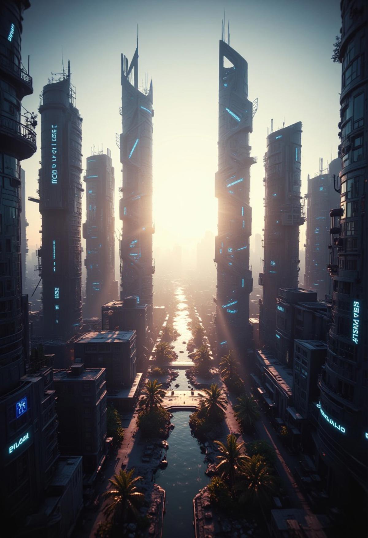 A futuristic skyline Summer, with towering skyscrapers casting long shadows over the city below. detailmaximizer