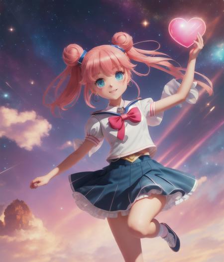 professional photo of epikkychibichibi, 1girl, jewelry, solo, heart, blue eyes, earrings, bow, brooch, heart brooch, hair bun, pink hair, sailor collar, red hair, double bun, skirt, sailor senshi uniform, magical girl, blue skirt, detailed skin, detailed eyes, finely detailed hair, action pose, galaxy background, volumetric light, highrez, masterpiece, best quality, <lora:ChibiChibiV2:0.7:MIDD> <lora:ChibiChibiV2:1>