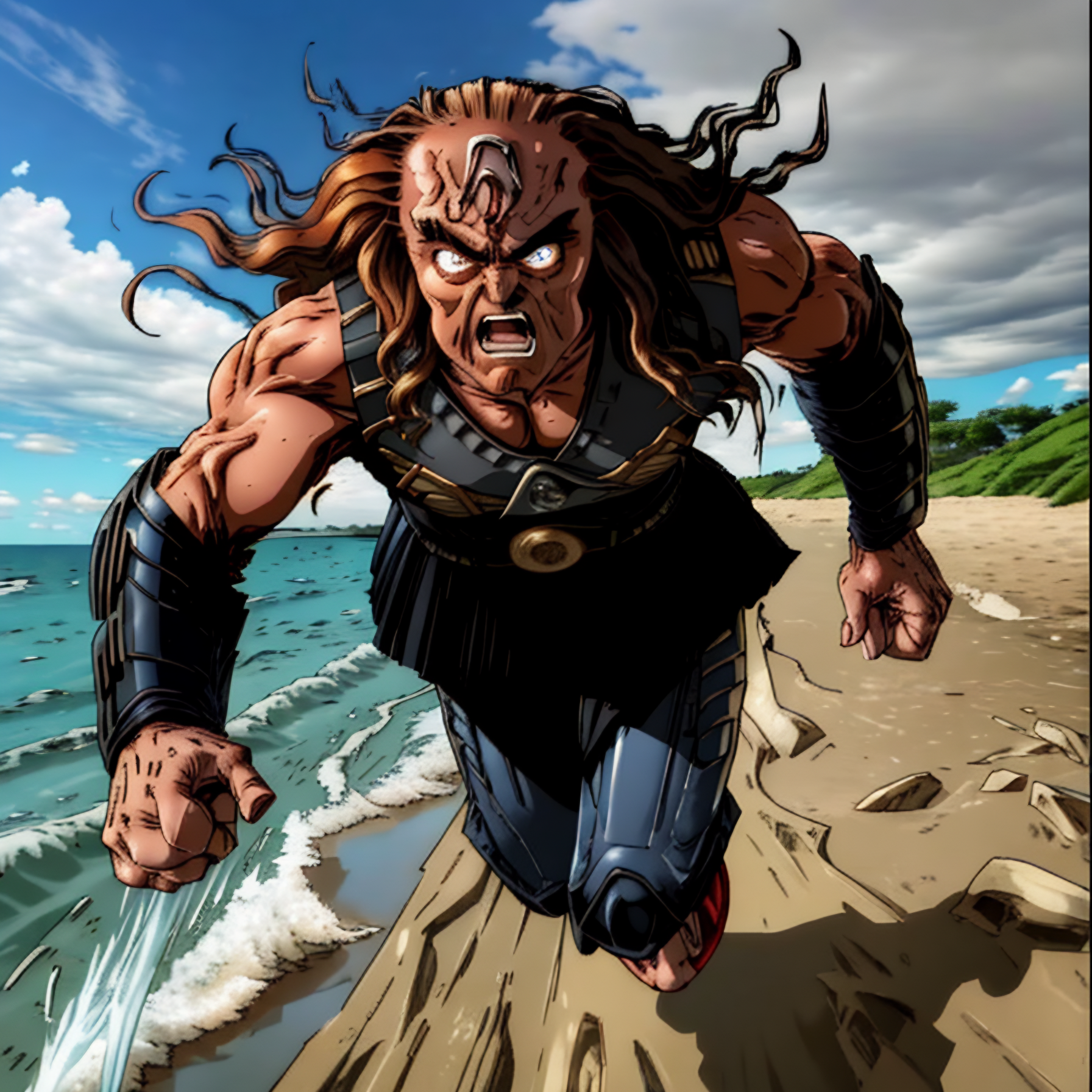 marvel comics, ultra wide angle lens, medium shot, tng-gowron running at the beach, withLora(n47-v1-tng-gowron,0.75) angry...
