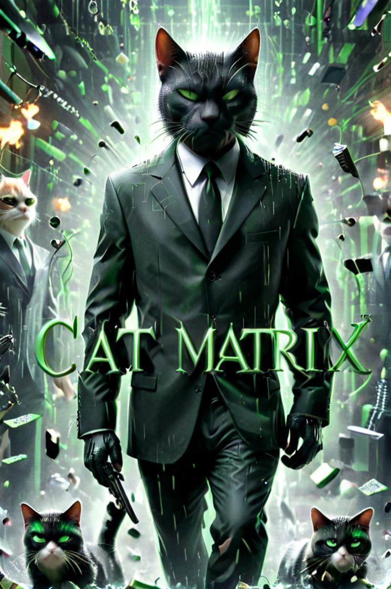 A man wearing a suit and tie with a cat face on his head, promoting the movie "Cat Matrix."