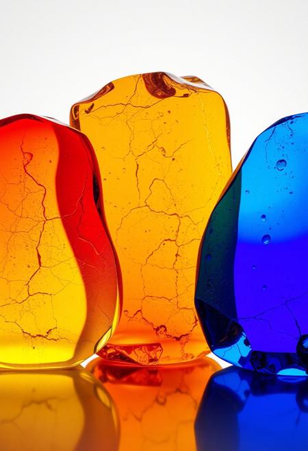"Create a hyper-realistic image of three distinct pieces of colored glass, each with a unique hue and texture. The pieces are positioned in a way that their sides partially overlap, creating a fascinating display of color theory in action. Where the red and yellow glass overlap, a vibrant orange hue is created. Where the blue and yellow glass overlap, a bright green hue is formed. And where the blue and red glass overlap, a deep purple hue emerges. The glass pieces are rendered in exquisite detail, with every facet and imperfection visible, and the overlapping colors blend seamlessly together to create a stunning visual effect." highest-Quality, 8 k, intricate details, visually stunning, Masterpiece