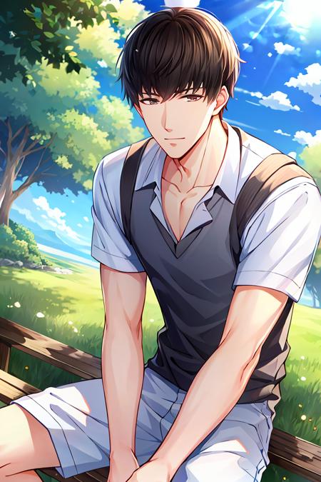 ((high_quality, distinct_image)), masterpiece, extremely_detailed_CG, overexposure, illustration, fair skin, 1boy, solo focus, short hair, xumo, looking at viewer, sunshine, perfect_face, handsome, beautiful_detailed_hair, beautiful_detailed_sky, from_below, blue sky, outdoors, light smile,  spread_legs,