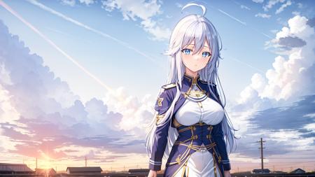 (masterpiece, best quality:1.2), 
1girl,Vladilena,lenaface,white thighhighs, garter straps, blue eyes, breasts, sky, looking at viewer, white hair,outdoors, boots, military, blue jacket, cloud, medium breasts, long sleeves, jacket, military uniform,antenna hair, hair between eyes, closed mouth, looking at viewer, portrait, ahoge, expressionless, bangs, white hair,
golden hour, glowing sky, warm sunrays, amber hues, serene atmosphere, railroad tracks stretching into the distance, vanishing point, aged wooden ties, rusted metal rails, gentle breeze, rhythmic clacking of a distant train, silhouettes of trees, tall grasses swaying, nostalgic ambiance, quiet contemplation, connection between past and present, timeless beauty,
<lora:VladilenaMilize_v2.7-000013:0.7>