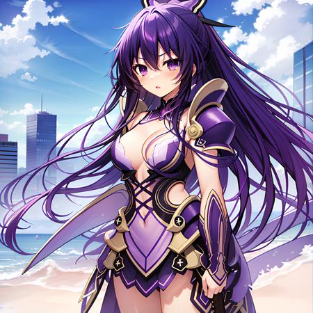 ((masterpiece, best quality, absurdres)), tohka, purple long hair, standing, spirit uniform, serious expression, skyscrapper background, sword,