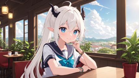 (masterpiece),(highest quality),highres,(an extremely delicate and beautiful),(extremely detailed),
1girl, dragon wings, dragon horns, dragon tail, solo, horns, blue eyes, looking at viewer, cup, wings, indoors, short sleeves, sitting, bracelet, long hair, shirt, white shirt, pointy ears, bangs, ponytail, plant, window, jewelry, closed mouth, dragon horns, cafe, day, disposable cup, potted plant, white hair, serafuku, cloud, hair between eyes, sky, sailor collar, blush, dragon girl, school uniform, table, scenery, demon wings, sidelocks, upper body, looking to the side, smile
BREAK
A dragon girl with white hair and blue eyes sits alone in a cozy cafe. She has pointy ears, dragon horns, and demon wings folded behind her. Wearing a white serafuku with a sailor collar, she smiles softly while looking to the side, as if lost in thought. Her long hair is tied in a ponytail, with bangs neatly framing her face and sidelocks hanging down. She holds a disposable cup in her hand, and a potted plant decorates the table. The window behind her reveals a cloudy sky, and her various pieces of jewelry, including a bracelet, glint subtly in the daylight.