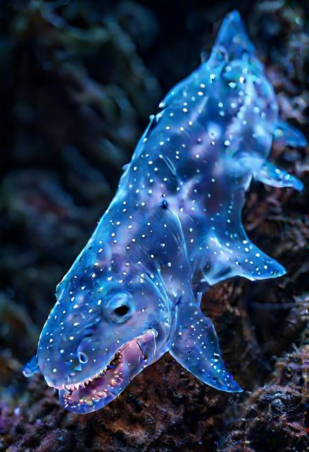 Ultrarealistic. shark made of bioluminescent organisms