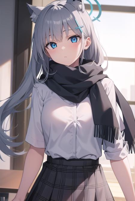 bluearchiveshiroko, <lyco:shiroko-lyco-nochekaiser:1>, 
shiroko, animal ears, blue eyes, grey hair, hair ornament, hairpin, halo, medium hair, wolf ears,
BREAK checkered clothes, checkered skirt, school uniform, skirt, scarf,
BREAK looking at viewer, 
BREAK indoors, classroom,
BREAK <lyco:GoodHands-beta2:1>, (masterpiece:1.2), best quality, high resolution, unity 8k wallpaper, (illustration:0.8), (beautiful detailed eyes:1.6), extremely detailed face, perfect lighting, extremely detailed CG, (perfect hands, perfect anatomy),