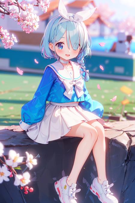 Arona,1girl,solo,shoes,white footwear,braid,blue shirt,serafuku,long sleeves,white sailor collar,hairband,white choker,bangs,smile,single braid,white half skirt,bow hairband,<lora:Arona_åç½å¨:0.8>,cityscape,sitting on rock,cherry blossom forest,falling petals,, (masterpiece), (best quality), HDR, intricate detail,