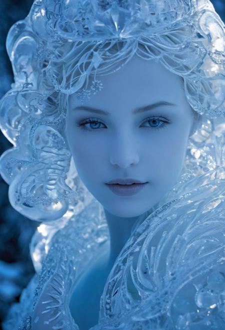 Beautiful amidst the enchanted glacial cold, 
a delicately filigree ethereal sculpted ice sculpture takes the form of a beautiful mysterious young woman, 
shiny lightful ice art, 
serene and ethereal, 
with intricate and translucent details, 
reflecting the blue-hued light of its surroundings, 
as if the snow itself had been molded to capture her beauty, 
pure perfection, 
enchanted winter wonderland, 
light inside body, 
bioluminescent, 
perfect shapes, 
filigree ethereal, 
intricate details, 
sharp focus.