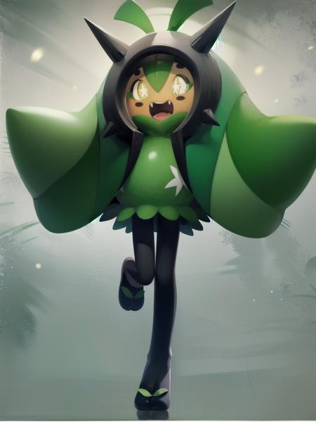 (masterpiece:1.2), (best quality:1.2), 1girl, solo, (full body), looking at viewer, happy, open mouth, BREAK
<lora:Ogerpon-15:1> ogerpon, pokemon \(creature\), black pantyhose, hood, green dress, yellow eyes, fangs, +_+,