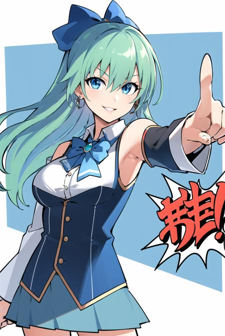 objection, ace attorney, 
1girl, armpits, blue eyes, blue hair, blue skirt, blue vest, bow, bowtie, breasts, brooch, detached sleeves, green bow, green bowtie, jewelry, looking at viewer, medium breasts, miniskirt, parted lips, pleated skirt, single hair ring, skirt, smile, solo, vest, parody, pointing, 
<lora:objection:0.7>