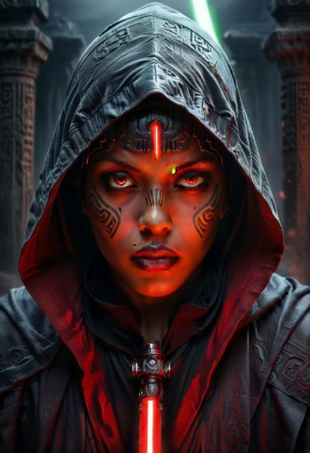score_9, score_8_up, score_7_up, score_6_up, score_5_up, score_4_up, (absurdres, best quality, masterpiece:1.4), illustration, photorealistic, cinematic lighting, dynamic angle, perfect composition, red and black skin, face tattoos, fierce expression, hooded cloak, glowing red eyes, double-bladed lightsaber, ancient stone temple, dark and ominous, glowing runes, shadowy atmosphere
