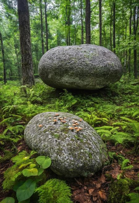 epic view very realistic photography, wide angle, a big rock in the foreground, mushrooms on this big rock, rock covered in green leaves, forest background, full frame sensor sharp and realistic colors with exceptional clarity