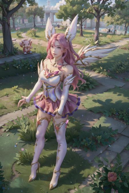 best quality, ultra high res, (photorealistic:1.4), 1girl, solo focus, purple eyes, <lora:koreanDollLikeness_v15:0.66>,  kaisasg, star guardian (league of legends), pink hair, gloves, long hair, thighhighs, skirt, thigh boots, elbow gloves, hand on hip, bare shoulders, solo, wings, white gloves, breasts, boots, pink eyes, full body, bangs, magical girl, hair ornament, outdoors, grass, star (symbol), looking at viewer, high heels, standing