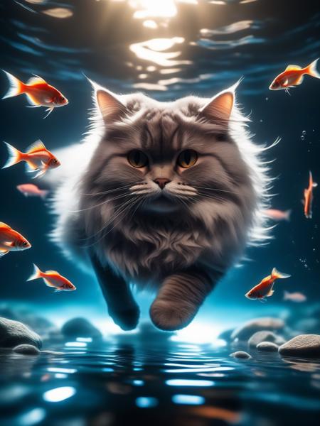 ultra wide angle, in focus, epic background, gorgeous lifelike, moody, dynamic pose of a fish, cat, the full and whole body, full length shot, hyper details, lighting art, cinematic, insane details, intricate details, hyperdetailed