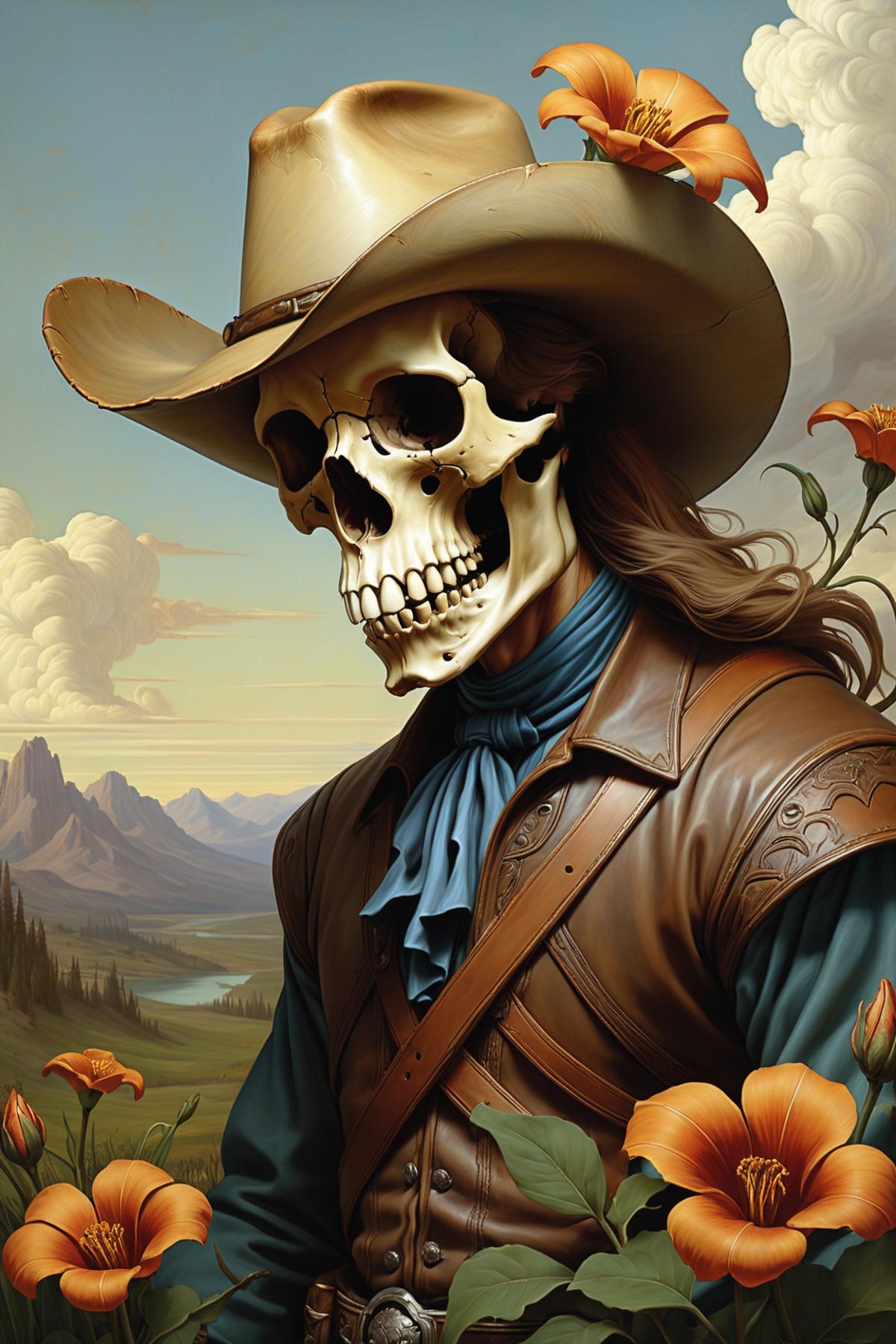 A skeleton wearing a cowboy hat and a blue scarf.