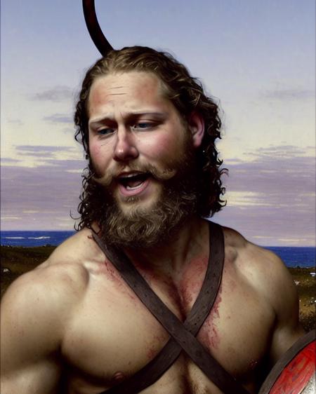 a portrait of a muscular attractive sks man as viking, bushy beard, long curly hair, cinematic, aesthetic, norman rockwell, william-adolphe bouguereau, John William Waterhouse, grant wood