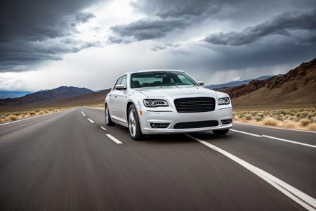 ((best quality)), ((masterpiece)), ((realistic)), (detailed),4K, absurdres, HDR, photography
ginger Chrysler 300 driving on the highway throught the death valley desert, chrome, glossy chassis, dramatic scene, thunderstorm with lightnings at the horizon, dramatic angle, low angle, (focus car:1.2), (motion blur:1.1), wide angle, dust cloud behind the cas, car moving at high speed, car in the centerâââ