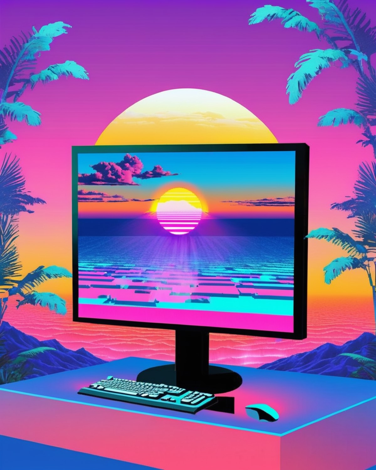 a computer screen with a sunset in the background ,   <lora:vapor_graphic_sdxl:0.6> , vaporwave, vapor_graphic