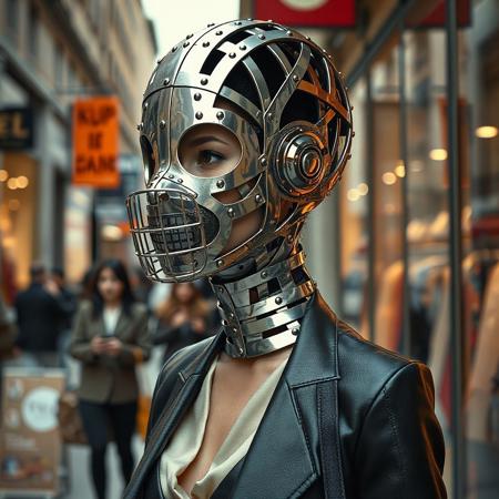 Full height view, a woman is wearing a close-fitting full face stainless steel head casing in the form of a female head made from an open framework of criss-cross strips of polished stainless steel riveted together,  it fits closely to her head and neck and shoulders like a second skin fully enclosing head and  face and  neck and  shoulders, the head casing, the head casing has two ornate eye holes and the steel neck casing is very elongated  and there is a stainless steel grill muzzle  covering her mouth (and she has a steel tethering ring through her nose:1.8), she is dressed in an elegant leather pencil skirt with high heels and a silk blouse and a fitted and tightly corseted jacket, she has a tiny and tight-laced waist, she is window-shopping on a busy street