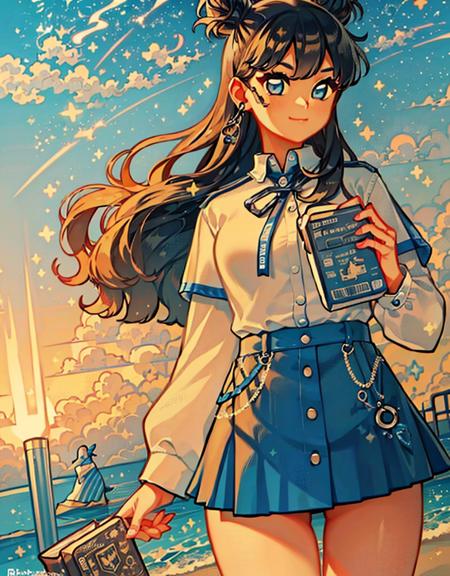 1girl, black hair, long hair, hair bun, school uniform, skirt, jacket, shorts, books, beach city, 
(detailed ladscape:1.2), (dynamic_angle:1.2), (dynamic_pose:1.2),
(masterpiece:1.2), (best quality, highest quality), (ultra detailed), (8k, 4k, intricate), (cowboy shot:1), (highly detailed:1.2),(detailed face:1),(gradients),(ambient light:1.3),(perfect_anatomy:1.2), cinematic composition,
 <lora:Bobotae_Style:1>